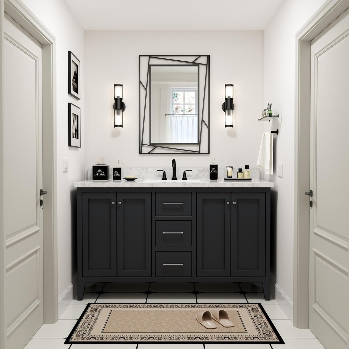 Black Bathroom Mirror for Wall 28''X20'' Matte Black Rectangle Wall Mirror with Geometric Metal Frame, Anti-Rust, Hang Horizontally or Vertically