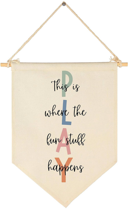 Let's Play Sign-This Is Where The Fun Stuff Happens- Flag Decor Gift for Kids Baby Boys Girls Newborn - Banner Wall Sign Gifts for Playroom Nursery Baby Room Bedroom Front Door