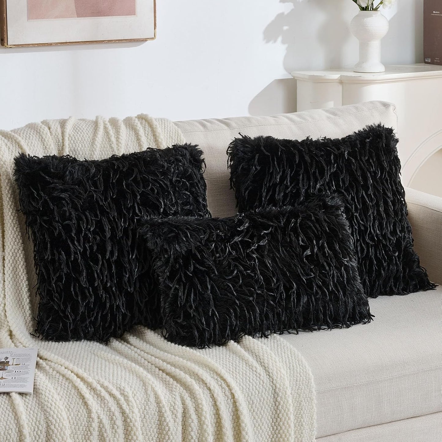 FUTEI Black Decorative Throw Pillow Covers 12x20 Inch Set of 2,Soft Fluffy Faux Feather Texture Lumbar Pillow Cases,Modern Home Luxury Decor for Couch Bed Living Room