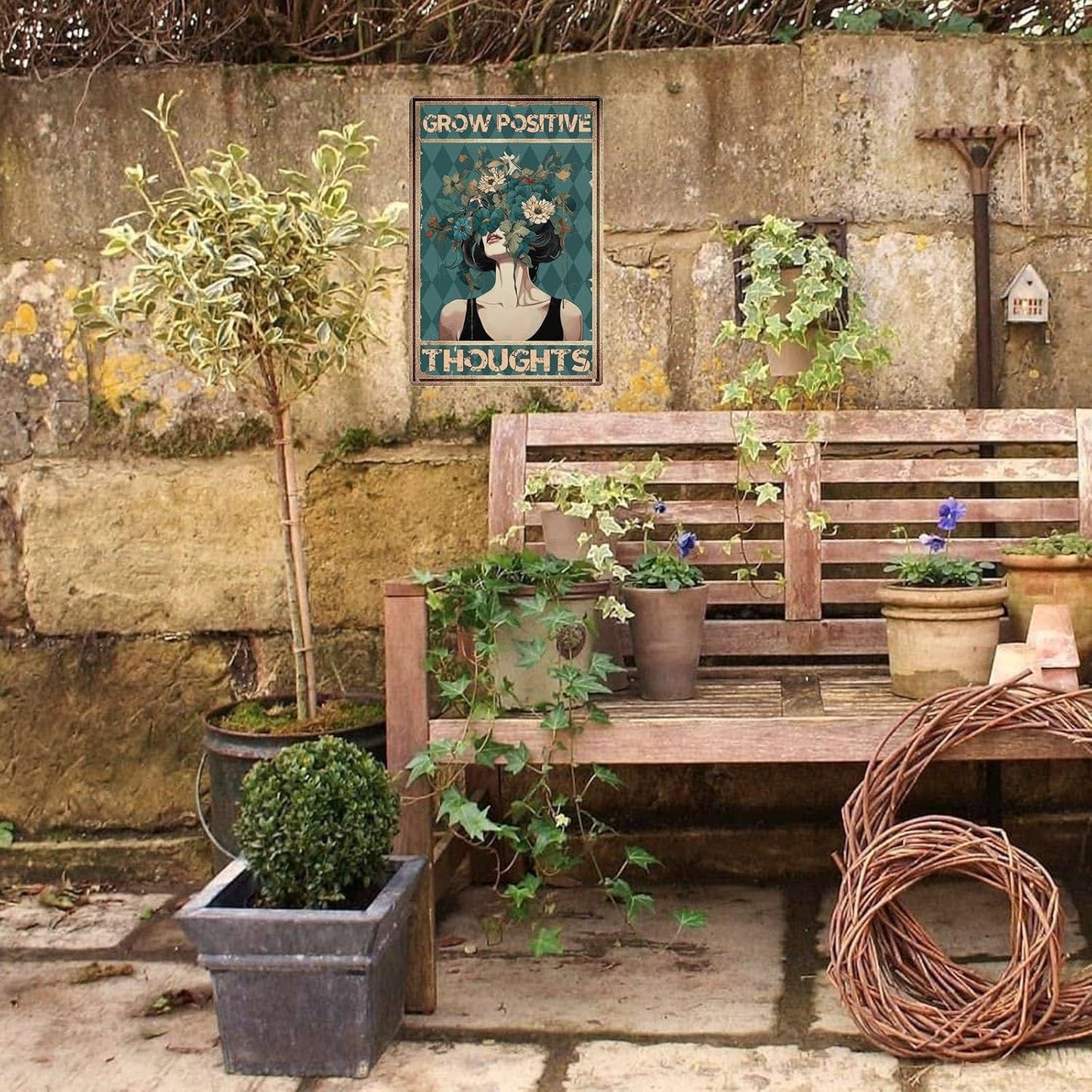 Grow Positive Thoughts Funny Vintage Tin Sign Metal Aluminum Signs Gift for Women Home Office Bar Yard Garden Wall Decoration 8×12 Inches