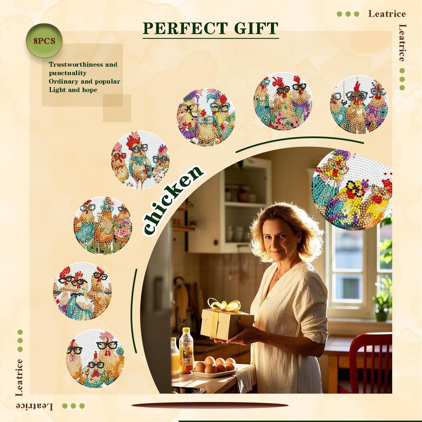 Leatrice 8PCS Chicken Diamond Art Coasters Small Diamond Painting Kits for Adults Diamond Dots Round Full Drill Diamond Coasters with Holder Easy Art Crafts for Beginners Kitchen Decro
