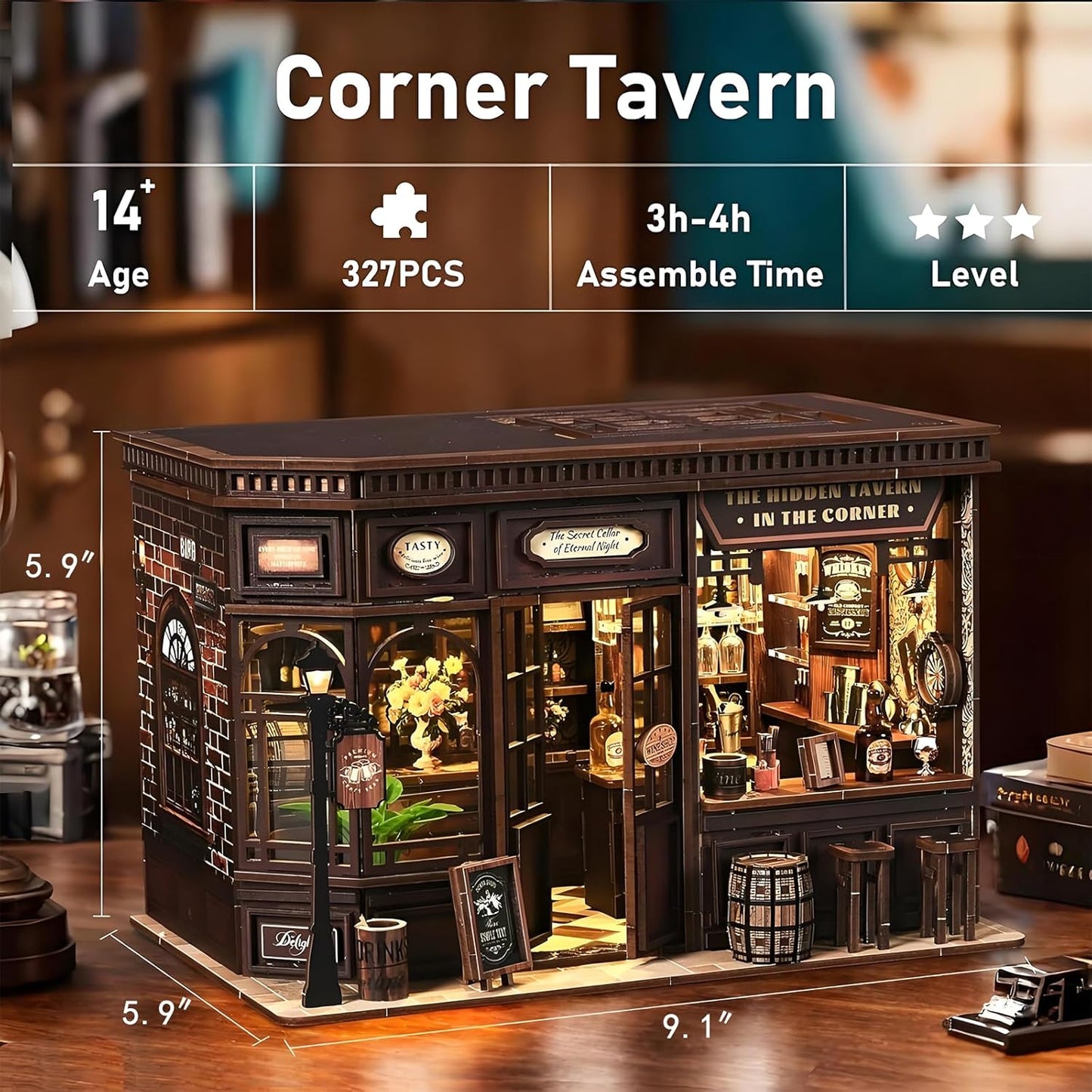 DIY Miniature House Kit, Book Nook Kit, 3D Wooden Puzzles Bookshelf Craft Kits, Dollhouse Kit with LED Light, Mini Building Kit for Adults Teen to Build (Corner Tavern)