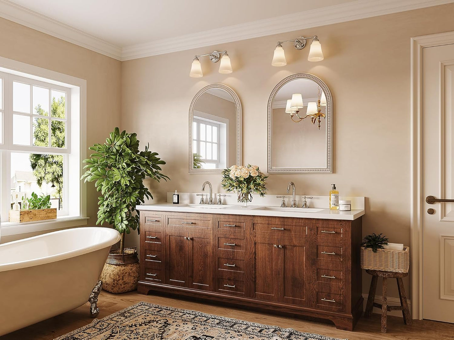 Farmhouse Mirror for Wall, 24" x 36" Arched Boho Mirror with Beaded, Arch Rustic Wooden Frame Decorative Wall Mirrors for Bathroom, Vanity, Living Room, Entryway