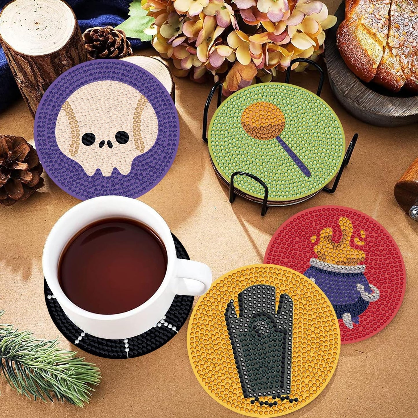 DOTSOPS 6 Pcs Halloween Diamond Art Coasters with Holder Diamond Painting Coasters Kits for Adults Beginners Diamond Craft for Christmas Halloween Birthday Gifts
