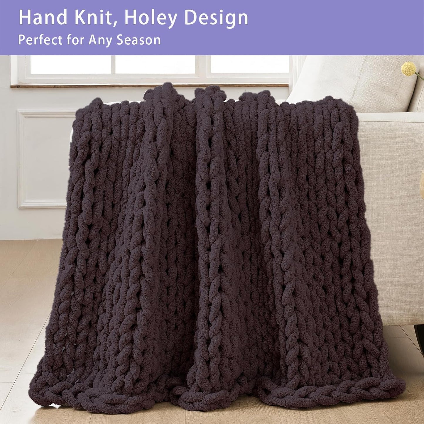 Bigacogo Chunky Knit Throw Blanket for Couch, 40x60 inches, 100% Hand Knitted with Thick Jumbo Chenille Yarn, Cozy Soft Large Rope Knot Cable Crochet Blankets for Sofa Bed Living Room, Chocolate