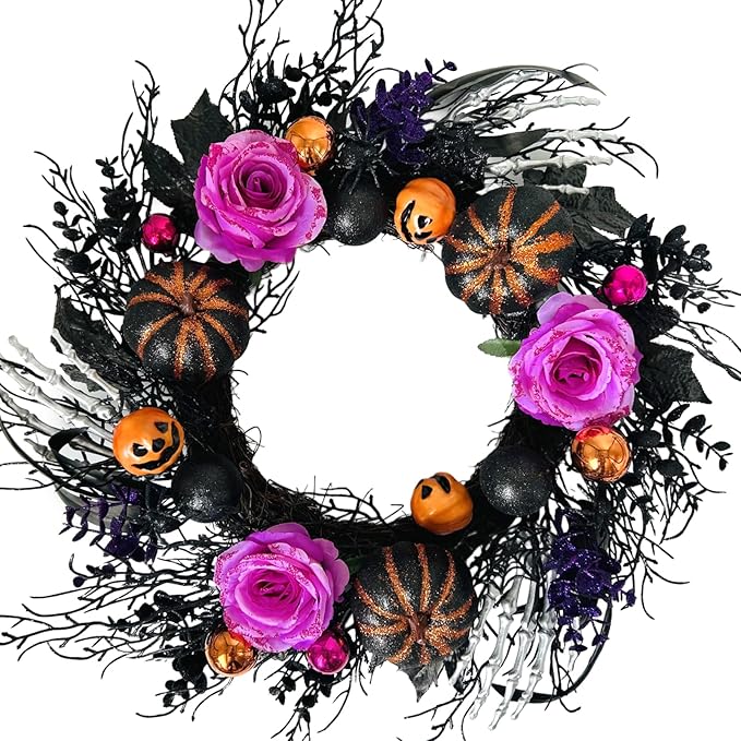 22 Inch Halloween Wreaths for Front Door Artificial Black Welcome Wreath with Pumpink Rose Skeleton Hand Indoor Outdoor Wall Holiday Decorations