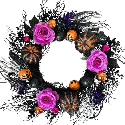 22 Inch Halloween Wreaths for Front Door Artificial Black Welcome Wreath with Pumpink Rose Skeleton Hand Indoor Outdoor Wall Holiday Decorations