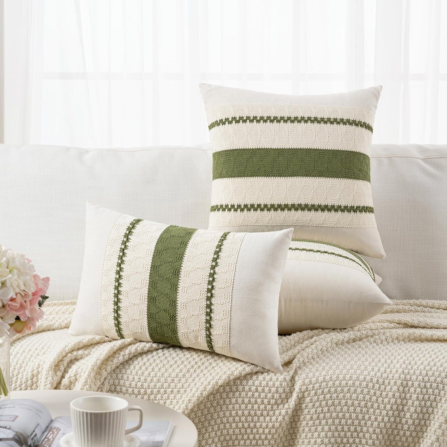 Fancy Homi Set of 1 Boho Moss Green Lumbar Decorative Throw Pillow Cover 12x20 Inch for Couch Bed Sofa Chair, Modern Organic Farmhouse Home Decor, Soft Cotton Cute Accent Rectangle Cushion Case