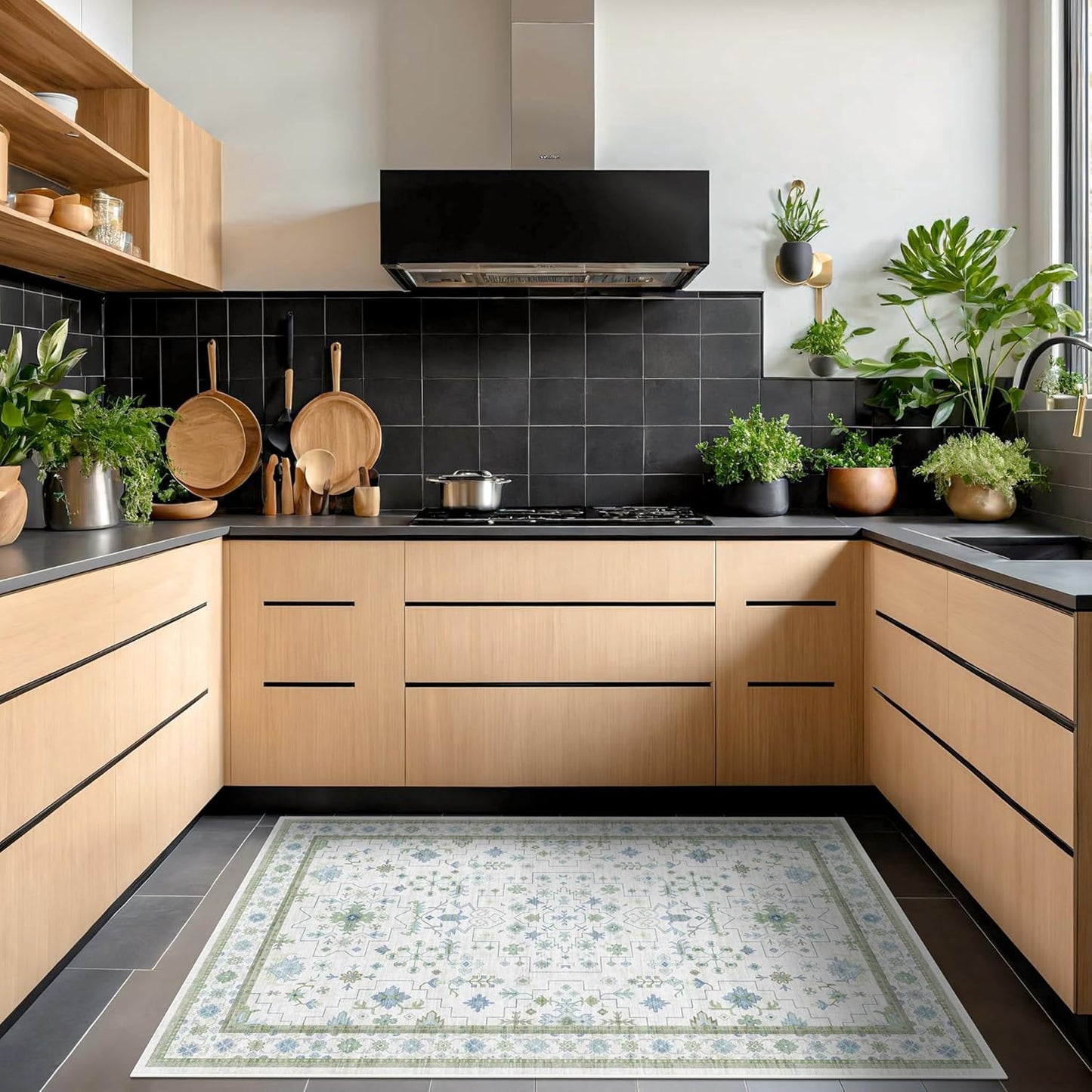 Blue and Green Washable Rugs 3x6 - Vintage Boho Floral Pastel Cream, Washable Low Pile Non Slip Small Throw Accent Area Rug for Entry Way, Laudry Room, Kitchen, Bedroom Beside Bed Decor