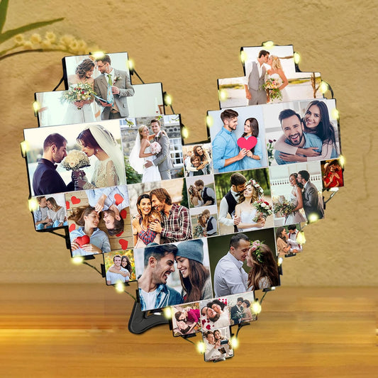 Heart Picture Frames Collage with custom 15 photo Wall Hanging Picture Frame with Led Light, Multi Photo Frame Collage for Family Pictures Wall Decor Gift For Mom Dad Father Lover Wife (15photo +dad)