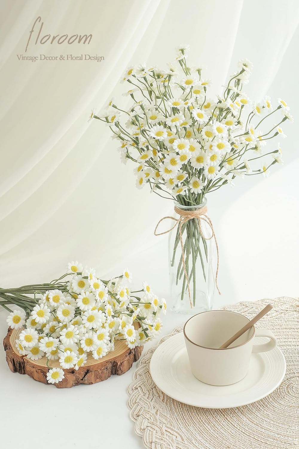 Floroom 24pcs Ivory Small Artificial Flowers Faux Silk Daisies Fake Wildflowers with Stems for DIY White Wedding Bouquets Floral Arrangements Party Decor Centerpieces Decorations (Vase Not Included)