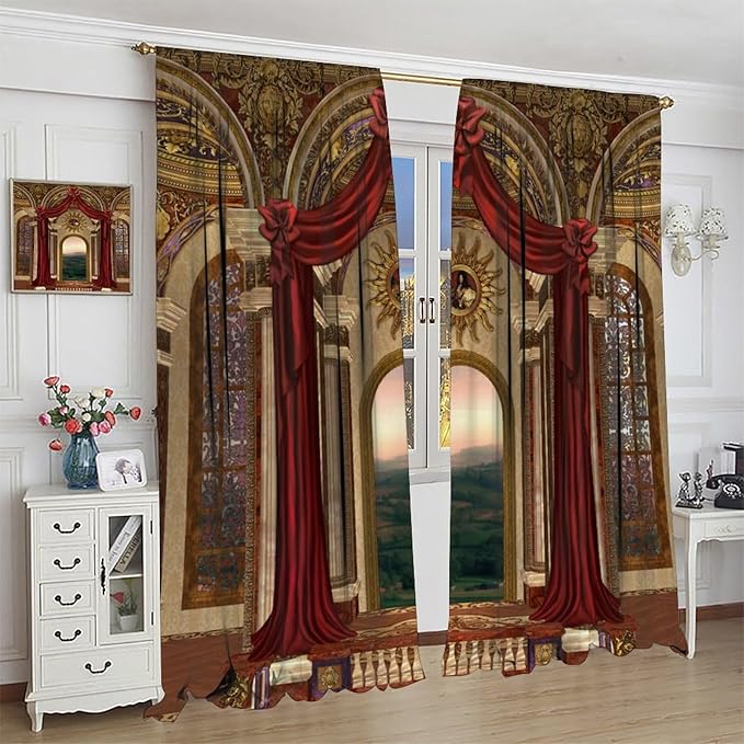 Gothic Blackout Curtains，Red Fantasy Palace Pattern Drapes Window 2 Panel Rod Pocket Curtain for Bedroom Living Room Decor 21" W X 45" L