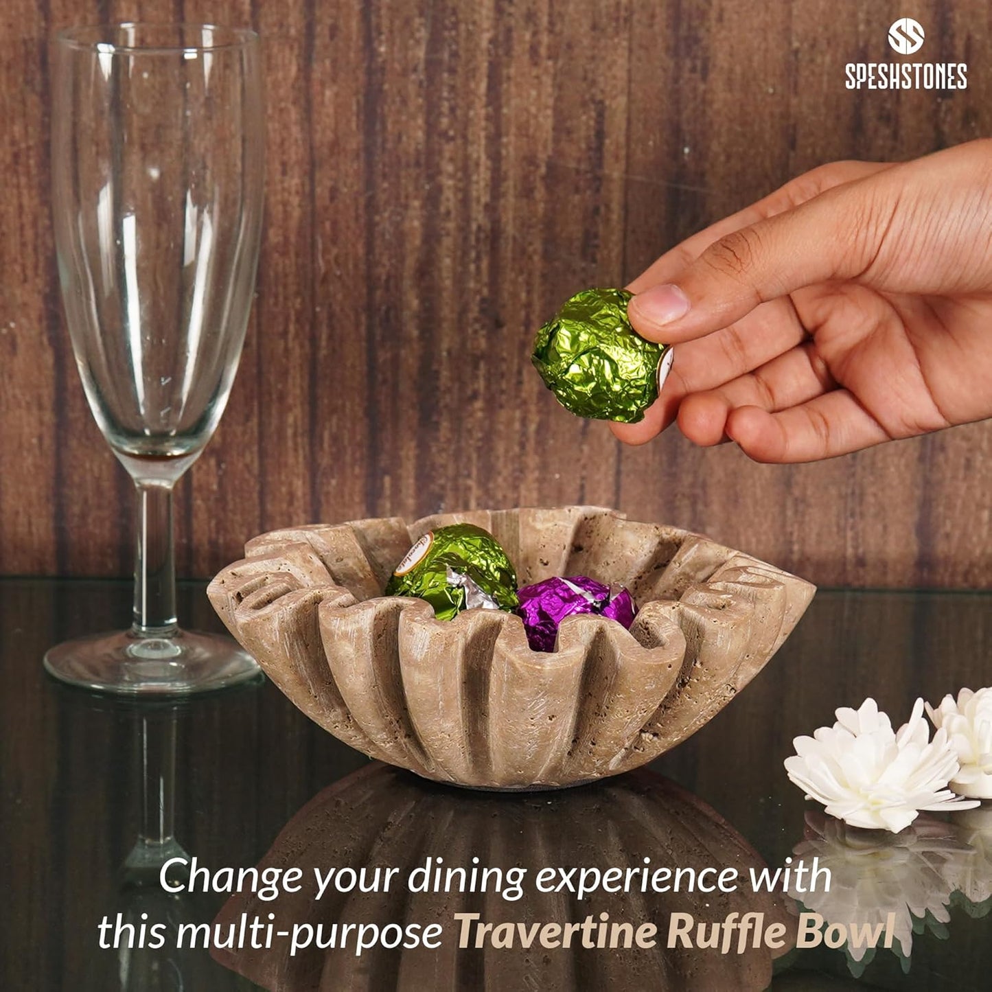 Marble Ruffle Bowl 6 Inch Handmade Travertine Small Decorative Key Bowl for Entryway Tables - Scalloped Bowls for Dining, Coffee Table Centerpieces & Home Decor