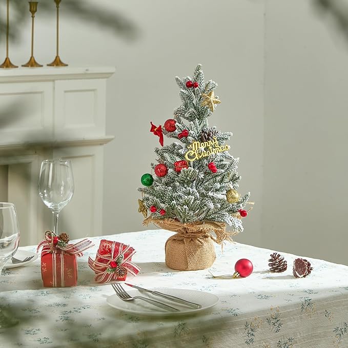 2 PCS Tabletop Christmas Tree, Small Flocked Xmas Tree Mini Artificial Pine Tree with Burlap Base for Desk Table Fireplace Mantel Decor 18 Inches