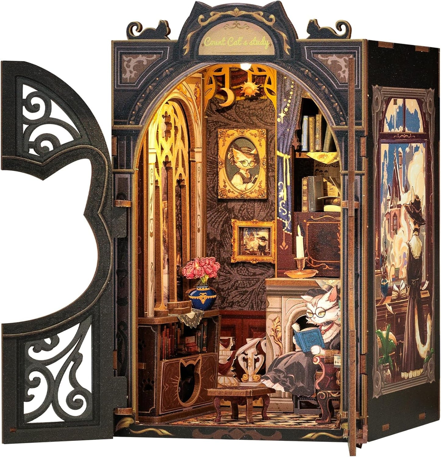 Cutefun Book Nook Kit - DIY Miniature House Kit for Bookshelf Decor, Book Nook Kits for Adults & Beginners, 3D Wooden Puzzle Dollhouse, Ideal Gift for Family and Friends (Count Cat's Study)
