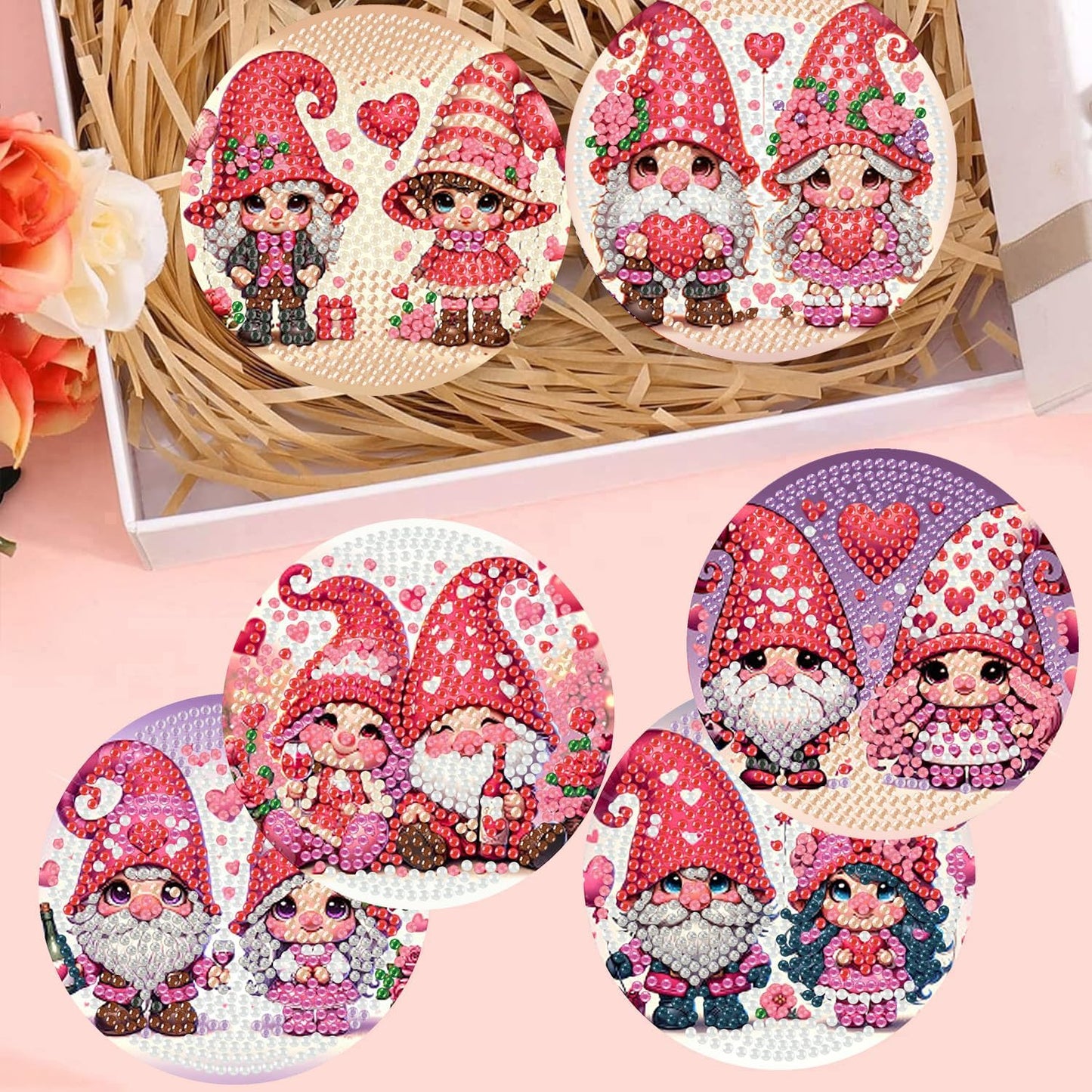 Meothan 8 Pcs Diamond Art Coasters Kits for Adults with Holder Cork Pads, Valentine's Day Gnomes Diamond Dots Art Painting Coasters Crafts Kit for Home Office Decor (4x4in)