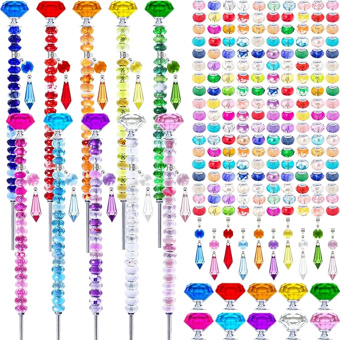 247 PCS Beaded Garden Stakes Kit, DIY Fairy Wand Garden Stake Beads Kits with Assortment Large Hole Beads 10 Crystal Stopper Top Threaded Rods and Sparkling Crystal Pendants for Outdoor Indoor Decor