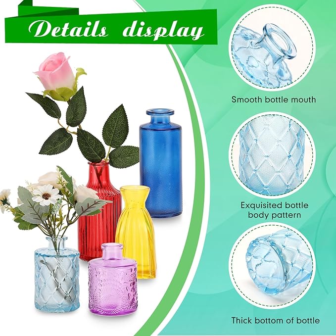 Yaomiao 60 Pcs Vases Bulk Colored Flower Glass Vases Bud Vintage Colored Glass Bottles Colorful Rustic Embossed for Home Wedding Table Decorations Gifts(Vivid Color)