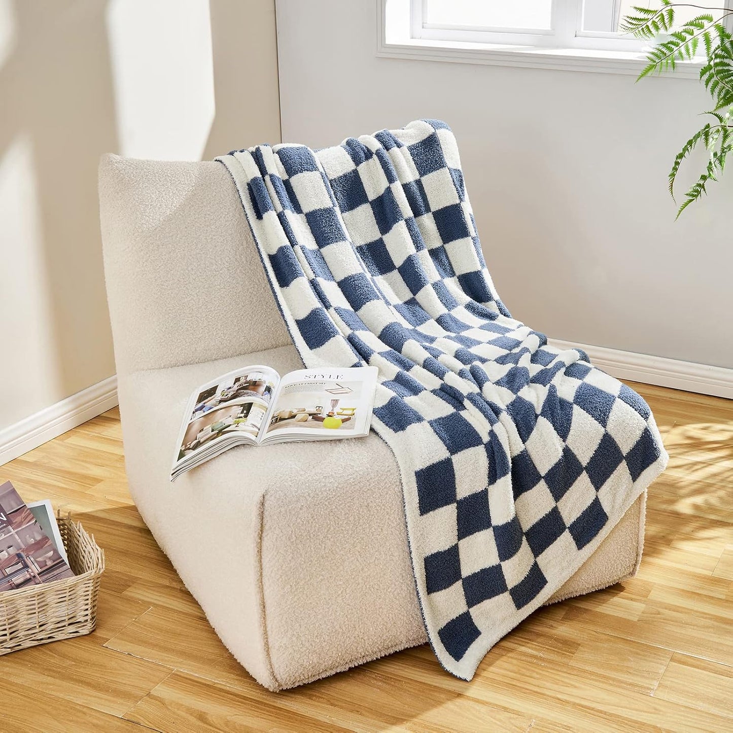 CozeCube Super Soft Fullfy Microfiber Reversible Knitted Blankets, Warm Cozy Fuzzy Plush Throw, Dusty Blue and White Checkered Throw Blanket for Couch Bed Sofa, 50" x 60"