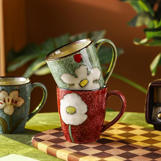 12oz/350ml Ceramic Coffee Mug with Handle,Hand Painted Vintage Floral Cappuccino Cups, Suitable for Tea Cups,Colorful Stoneware Coffee Mugs and Drinking Cup,Ideal Gifts for Women and Men-Blue