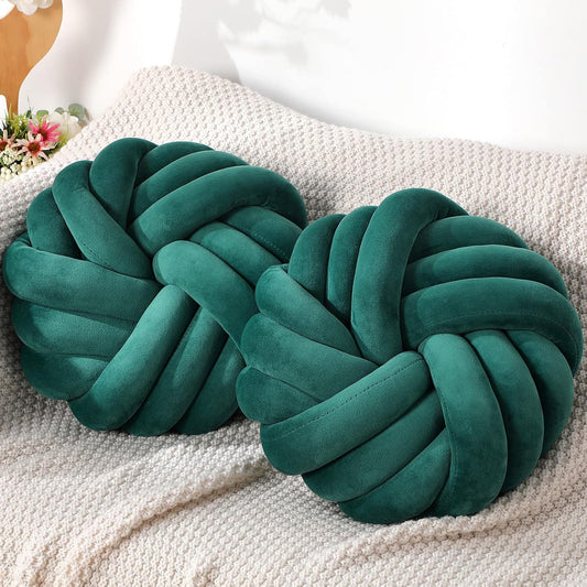 Fumete 2 Pcs 14 Inches Knot Pillow Round Throw Soft Plush Knot Ball Pillow Handmade Knotted Modern Home Decorative Cushion for Bed Bedroom, Sofa, Couch (Green)