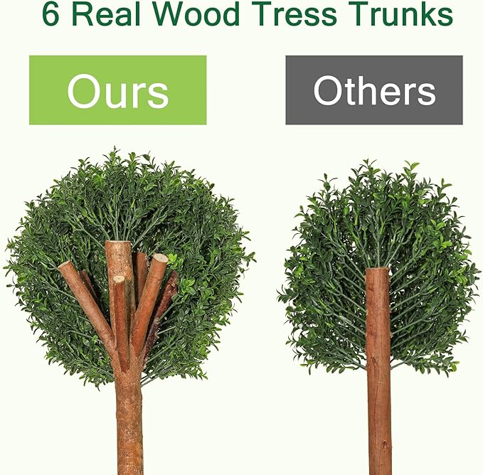 24 Inch Artificial Topiary Boxwood Ball Trees Outdoor – Set of 2 UV Resistant Faux Boxwood Topiary, Fake Potted Shrubs Evergreen for Front Door Porch Patio Balcony Home Decoration