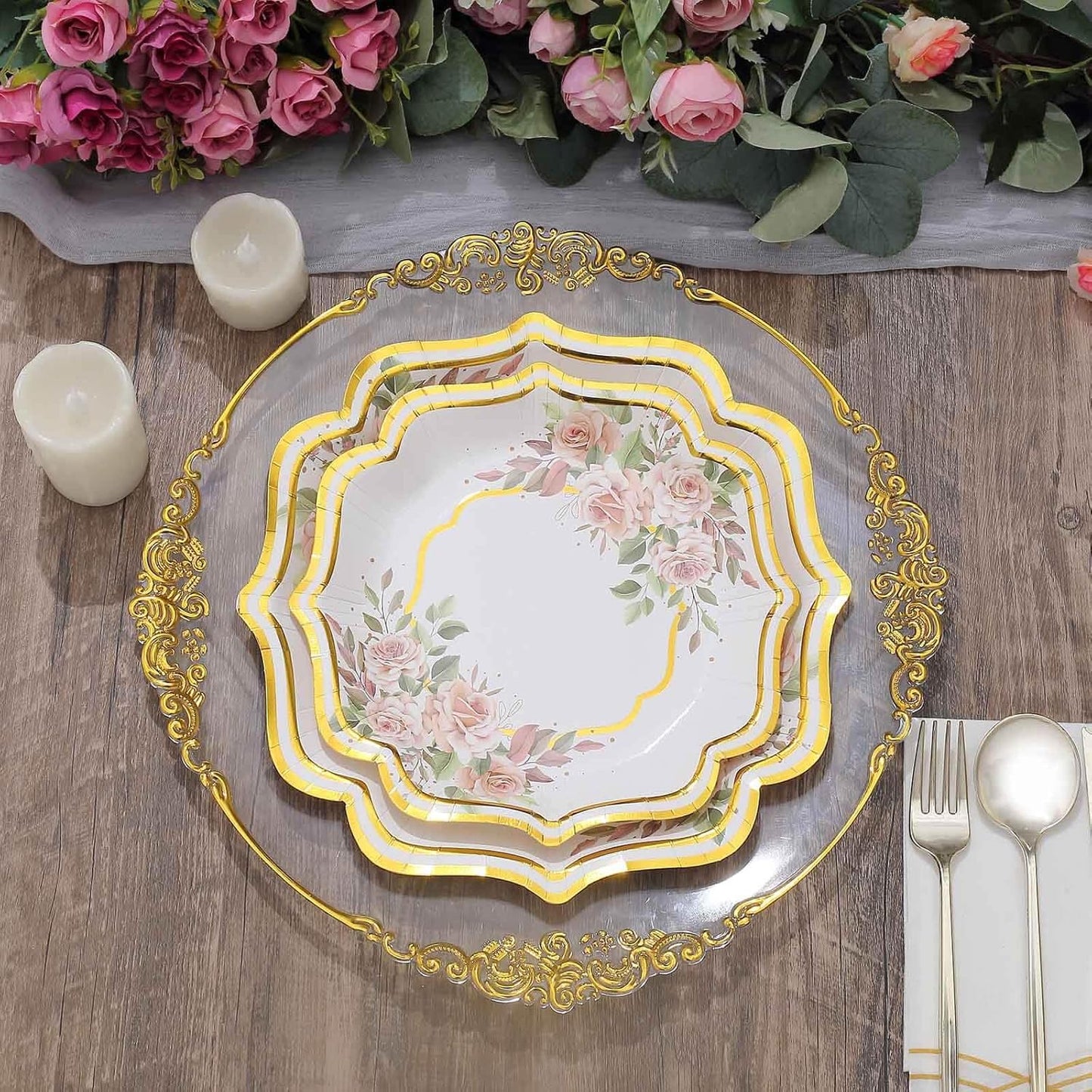 Efavormart 25 Pack | White/Gold Floral 10" Scallop Rim Dinner Party Paper Plates, Disposable Plates - 300 GSM