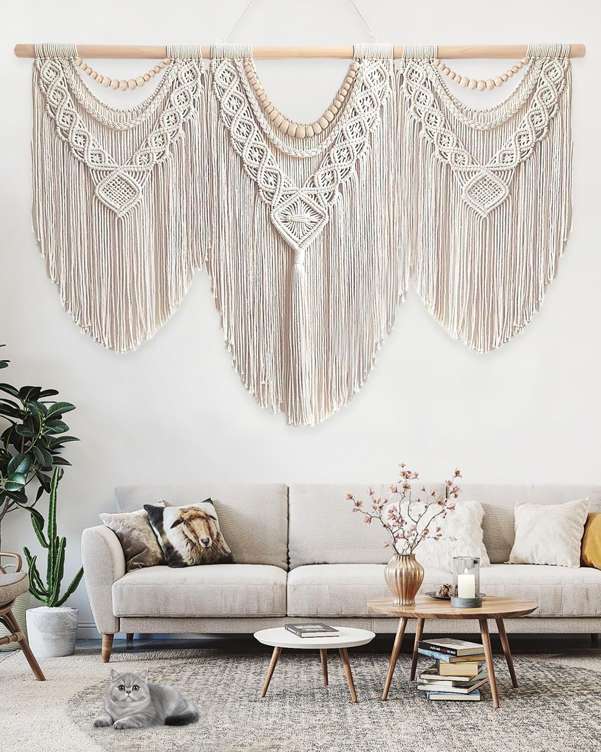 Gliterra Large Macrame Wall Hanging Handmade Boho Tapestry 43"x32" - Wall Art Decor for Living Room, Bedroom, Wedding (Beige)