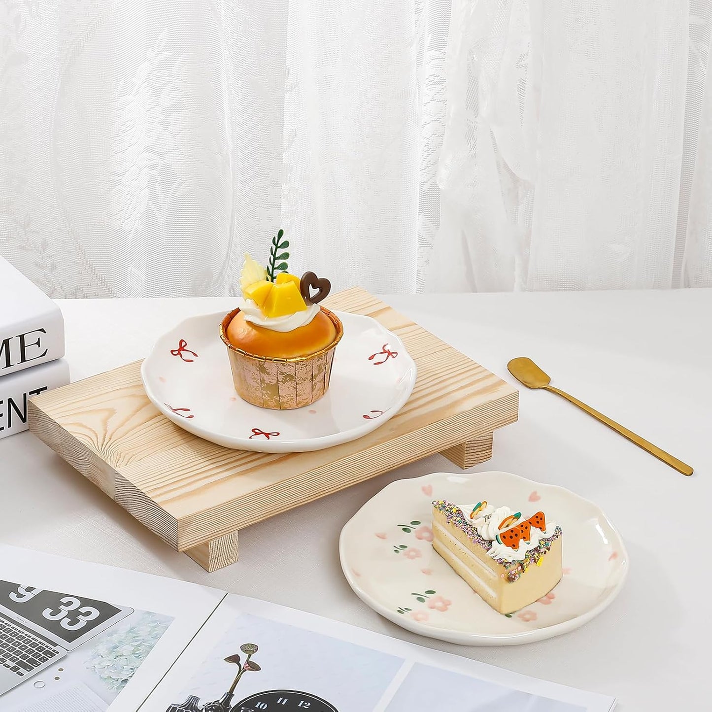 Koythin Ceramic Dessert Plates, Cute Fruits Dinner Plate, Printed Flowers Dinnerware for Office and Home, Kitchen Plates for Desserts (Double Flowers Blossoming)