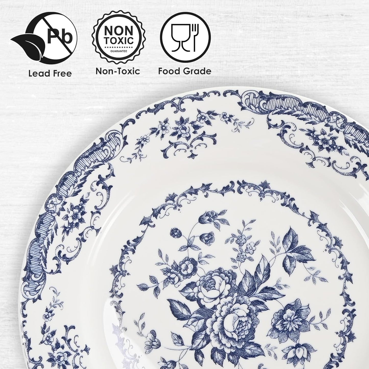 Dinner Plates, Ceramic Plates Set of 6, Kitchen Plates Microwave Safe, White Plate Dessert Blue Floral Plate Porcelain (Blue Rose, 10.5 inch)