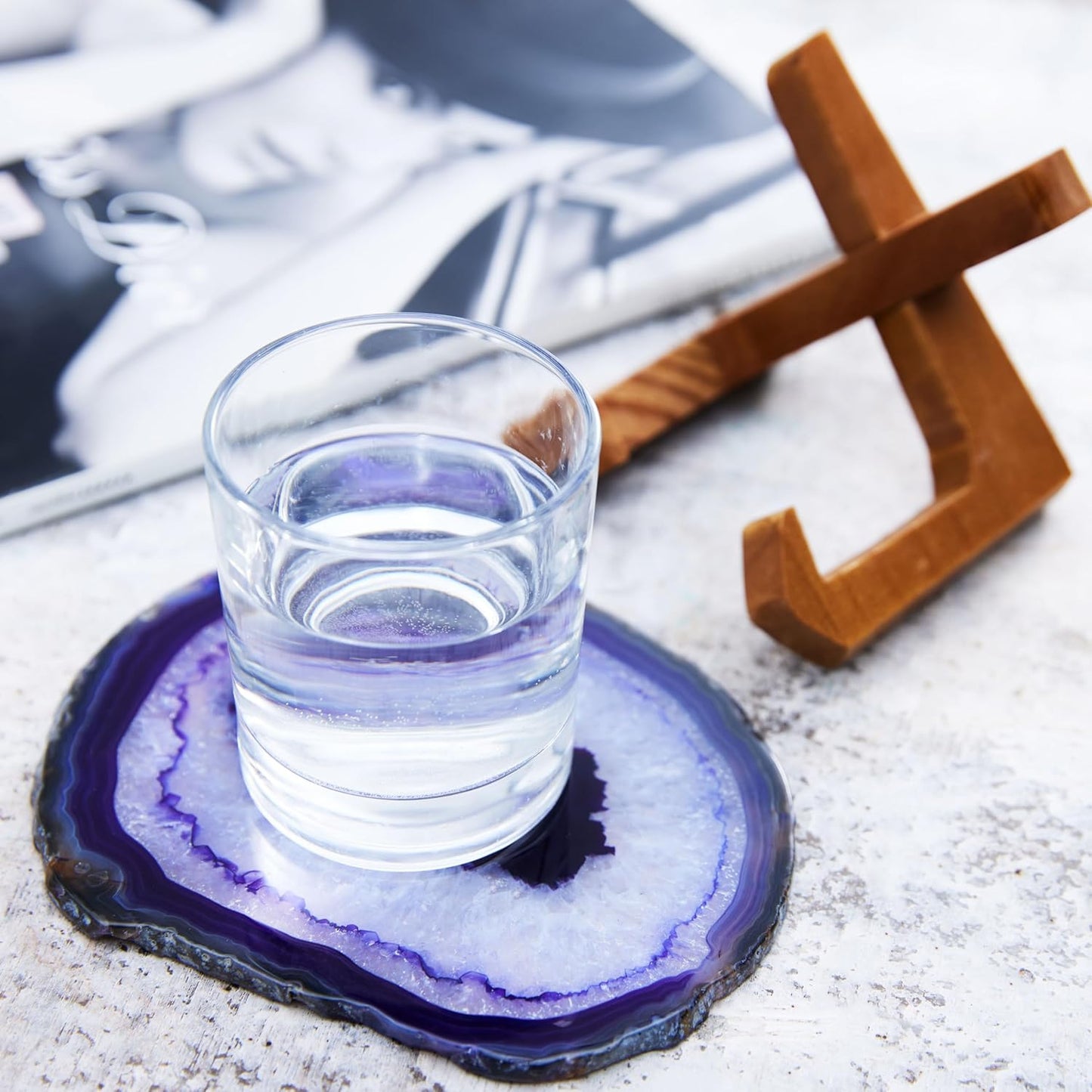 Luxury Lane Large Natural Brazilian Agate Slice Geode Rock Stone Drink Coaster with Wood Holder 4.7-5.5 inch Centerpiece Table Decoration, Amethyst Purple