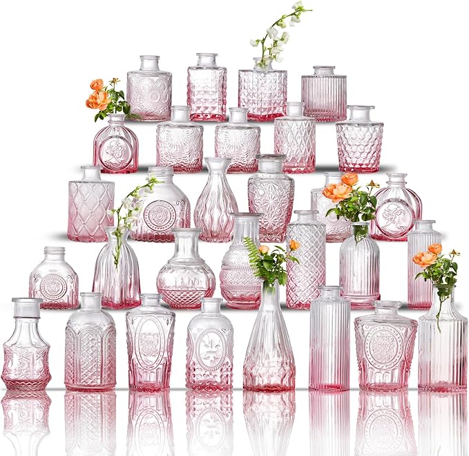 Glass Bud Vase Set of 30 - Small Vases for Flowers in Bulk - Assorted Vintage Crystal Vases for Flowers, Table Centerpieces (Pink, 30 Pcs)
