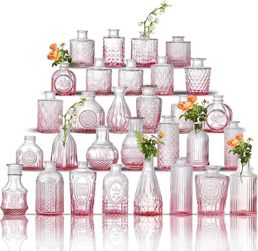 Glass Bud Vase Set of 30 - Small Vases for Flowers in Bulk - Assorted Vintage Crystal Vases for Flowers, Table Centerpieces (Pink, 30 Pcs)