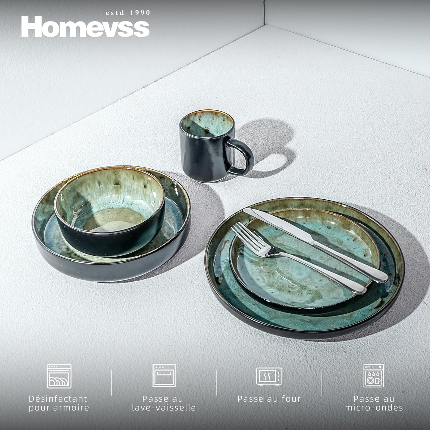 Euro-Nordic Stoneware 20pc Dinnerware Set, Reactive Glaze (Bubble Green, 20pc Set)