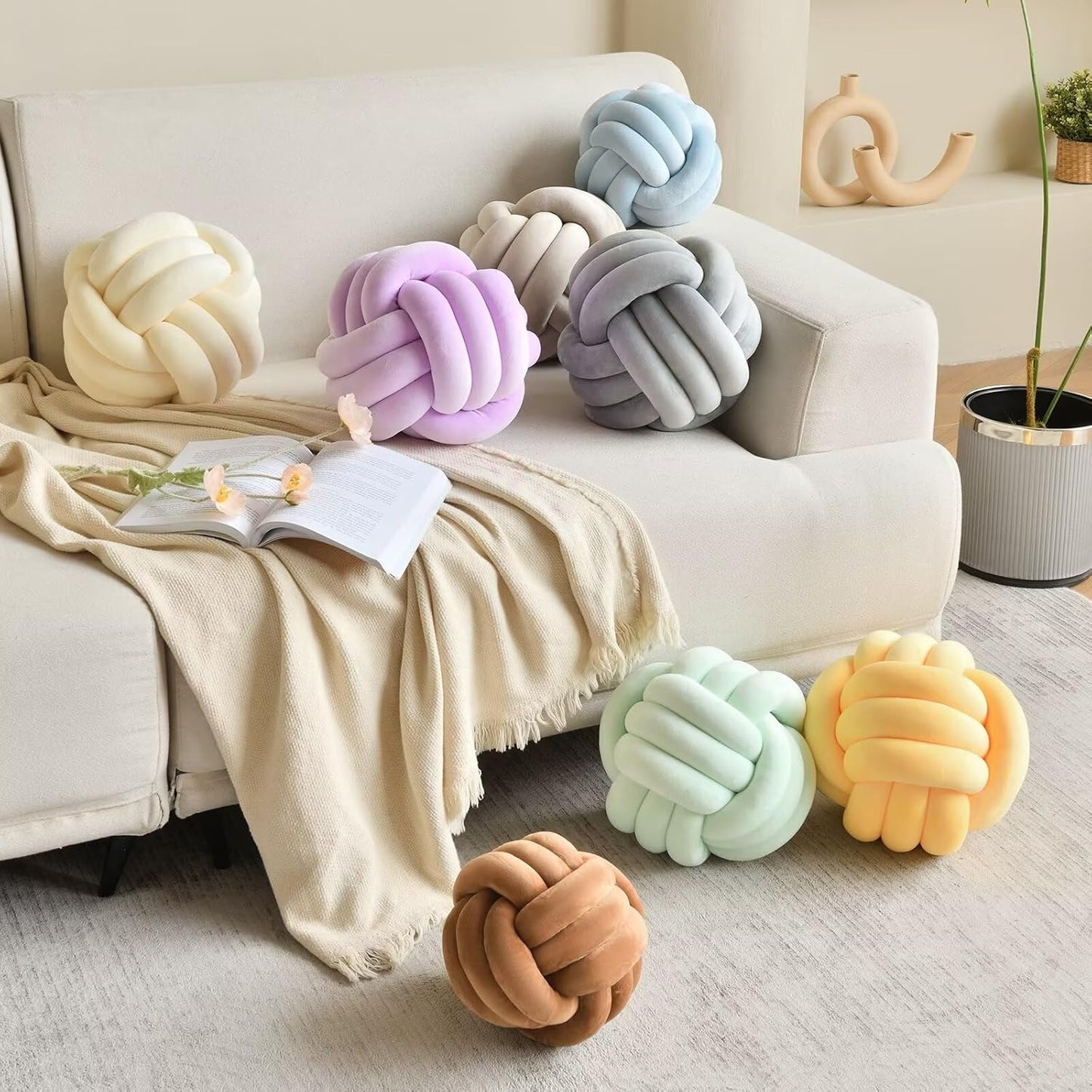 Decorative Throw Knot Pillow Ball for Home Chair Sofa Aesthetic Round Velvet Knotted Pillow Cushion (Light Grey, 8 inches)