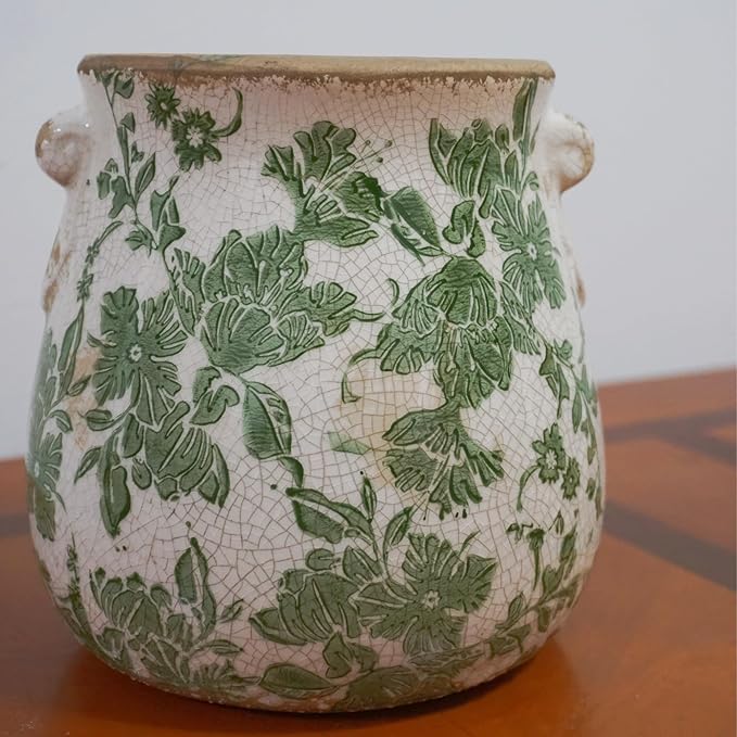 Vintage Ceramic Vase with Green Floral Pattern, White and Green, Crackle Glazed Finish, Decorative Garden Design (Large - Belly Jar with Drainage Hole)
