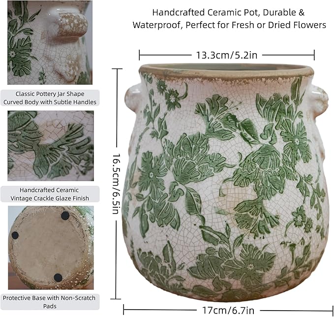 Vintage Green and White Ceramic Floral Vase Planter, Rustic Crackle Glaze Pottery Jar, Hand-Painted Floral Pot Design for Flowers or Plants, Farmhouse & Cottage Home Decor Accent