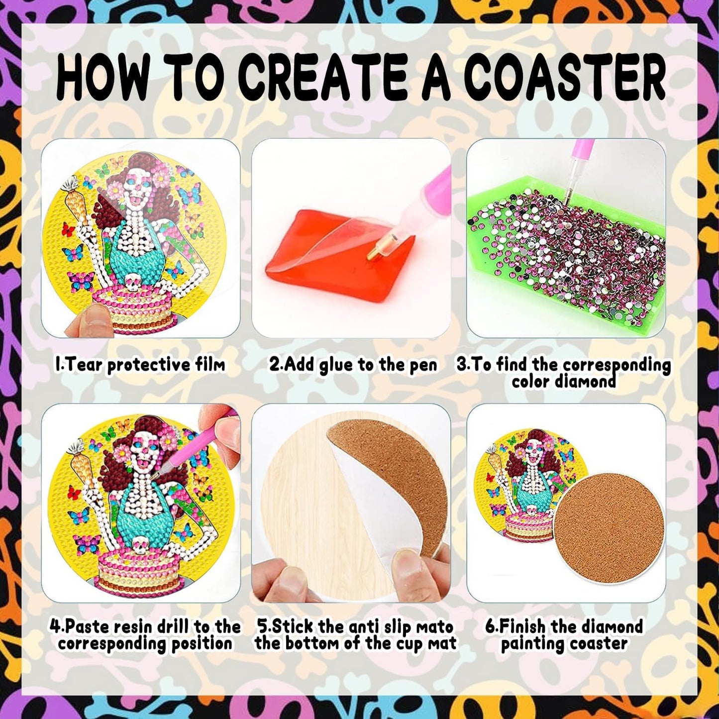 DOZEEZOP 8 PCS Skull Diamond Art Coasters Kit, Abstract 5D Diamond Painting Coasters with Holder, Fall Small Diamond Art Kits for Adults Beginners, Diamond Dots Arts and Crafts Supplies