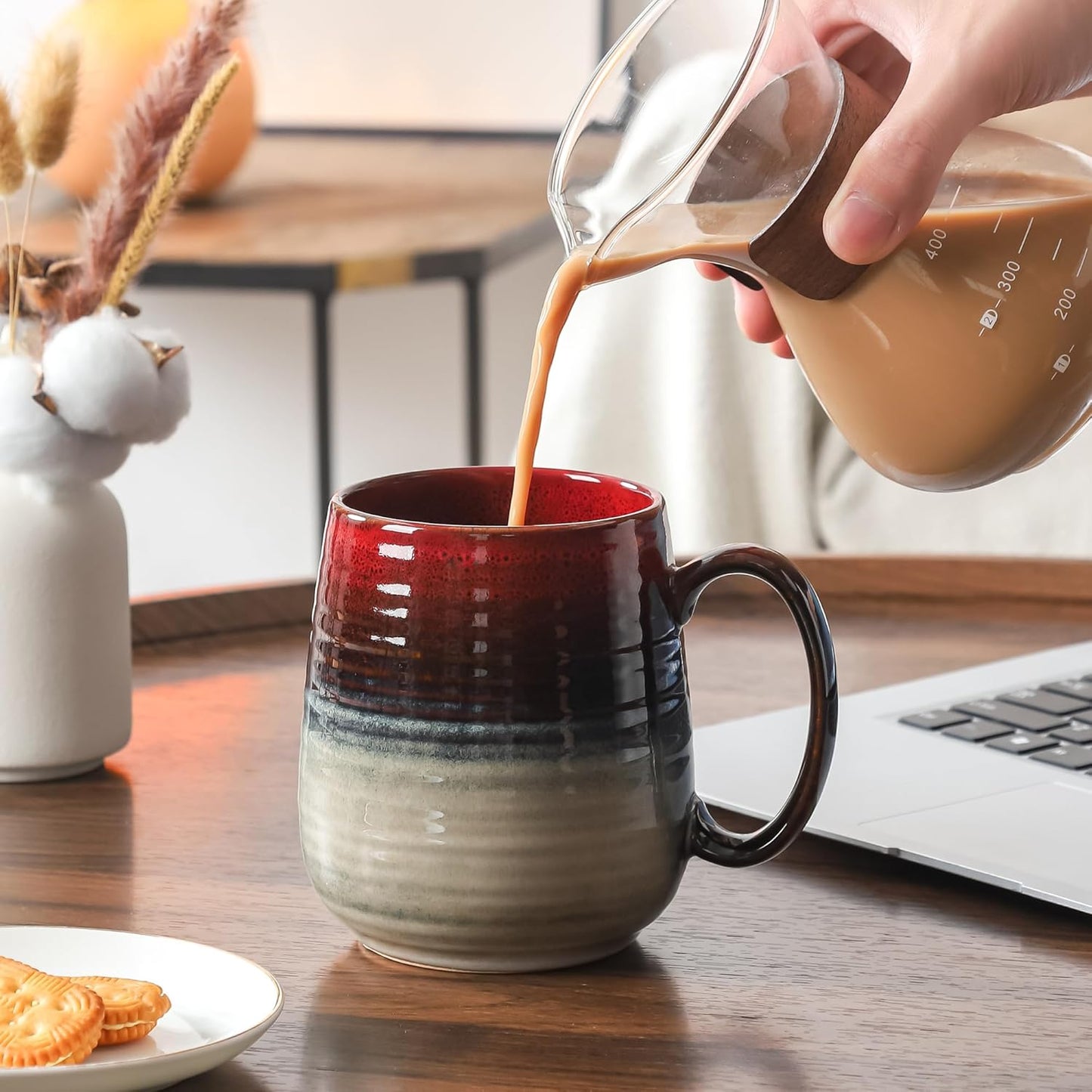 Large Coffee Mugs, Extra Large Ceramic Coffee Mug, 23 oz Handmade Pottery Mug, Big Tea Cups with Handle for Office and Home, Dishwasher and Microwave Safe (Ink Red)