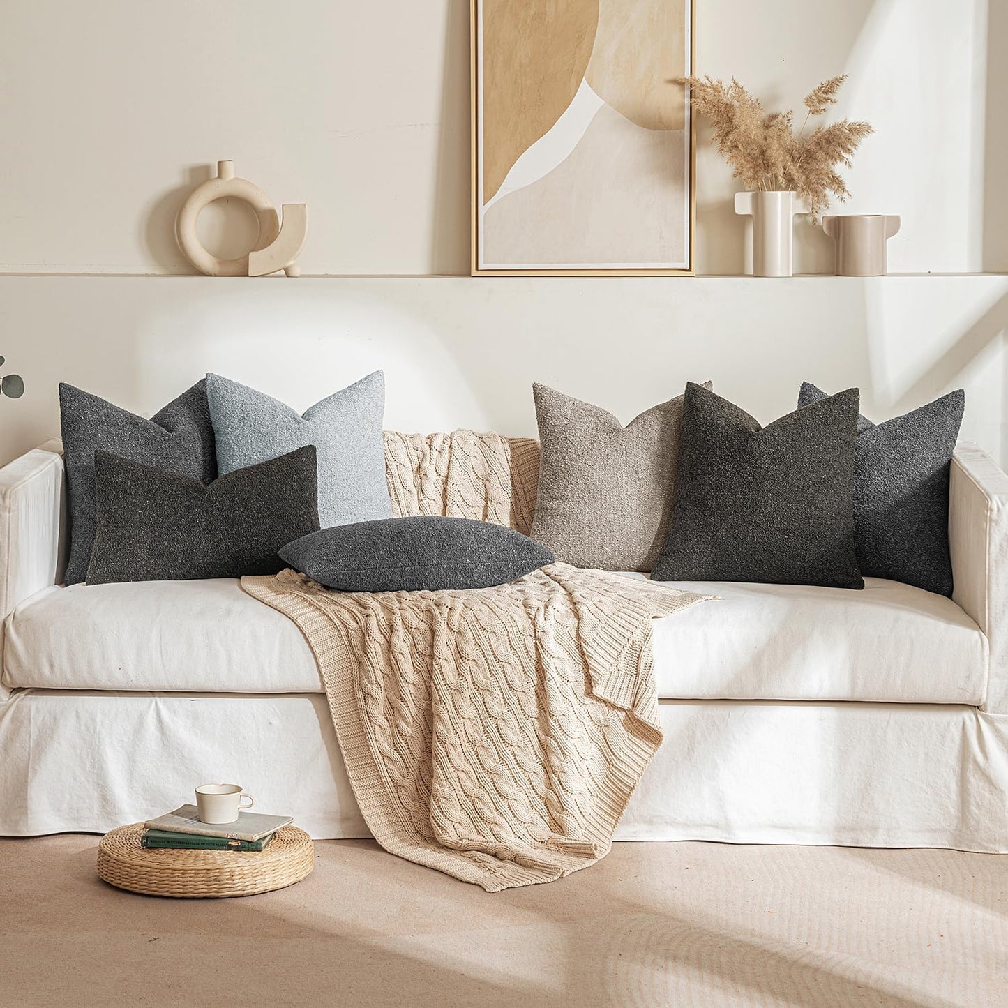 MIULEE 12x20 Inch Decorative Lumbar Throw Pillows for Bed Set of 2 Textured Boucle Neutral Winter Throw Pillow Covers Light Taupe Accent Solid Pillowcases Sofa Livingroom Home Decor