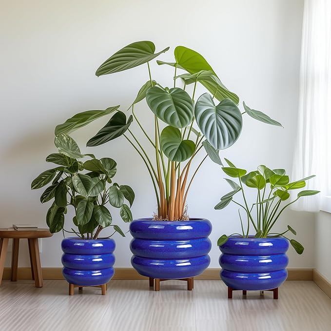 SQOWL Ceramic Plant Pot - 10 Inch Planter for Outdoor Plants Indoor Plant Pot with Drainage Hole Large Planter Decorative Modern Flower Pot for Home Office Decor Blue