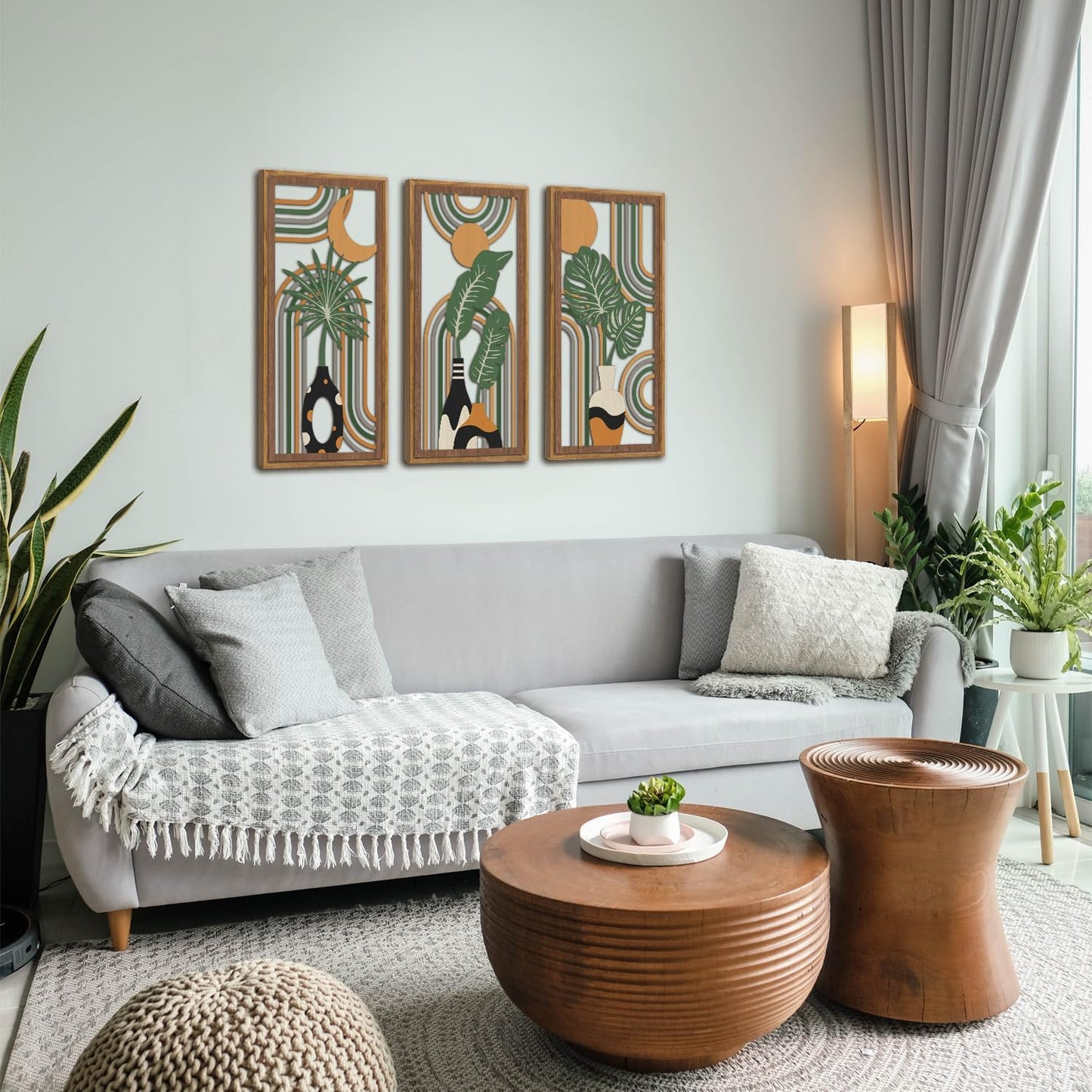 KAIRNE Boho Wooden Wall Art,Bohemian Wood Wall Decor Set of 3(16”X8”),Farmhouse Geometric Hanging Decor,Abstract Minimalist Sun Moon Artwork for Living Room Bedroom Nursery Office Decoration,Framed