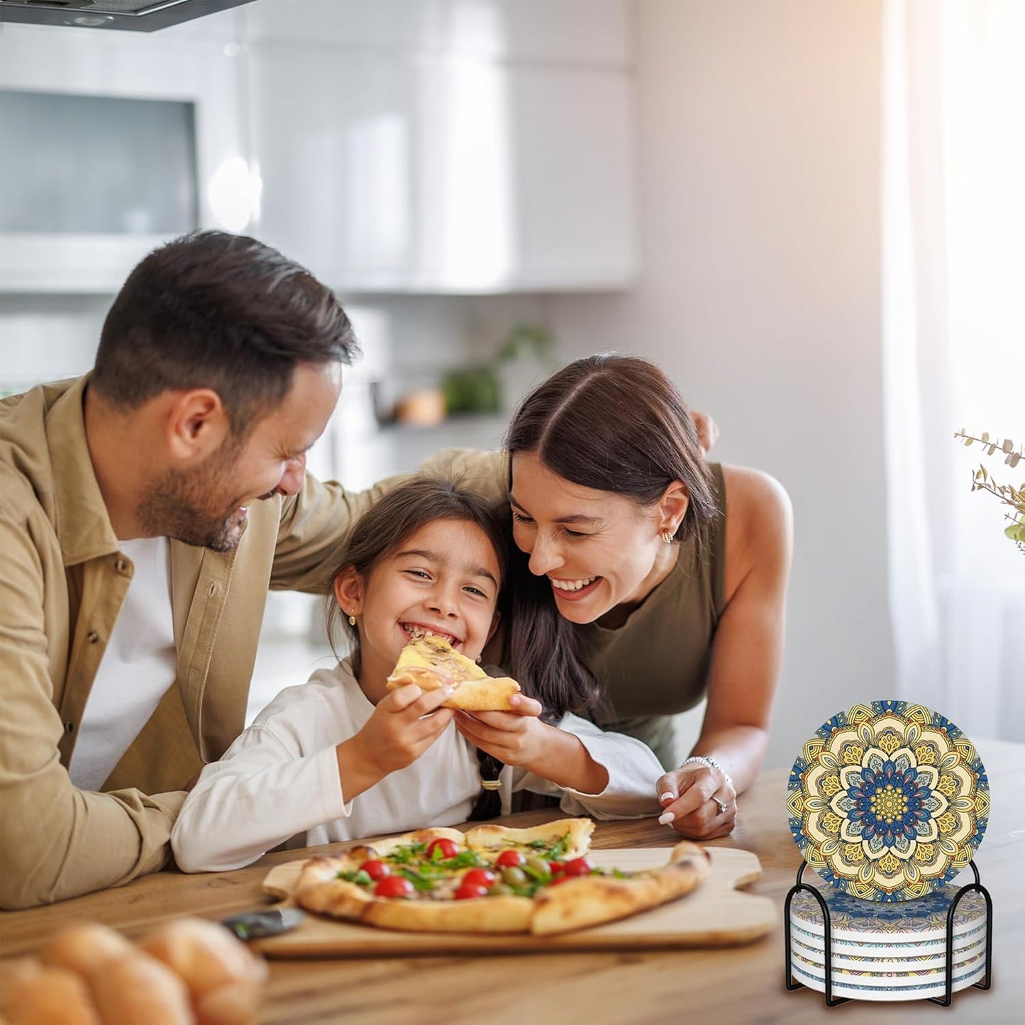 Mandala Set of 6 Coasters for Drinks Absorbing Round Ceramic Stone Coaster with Cork Base,Tabletop Protection Mat for Mugs and Cups,Office,Kitchen