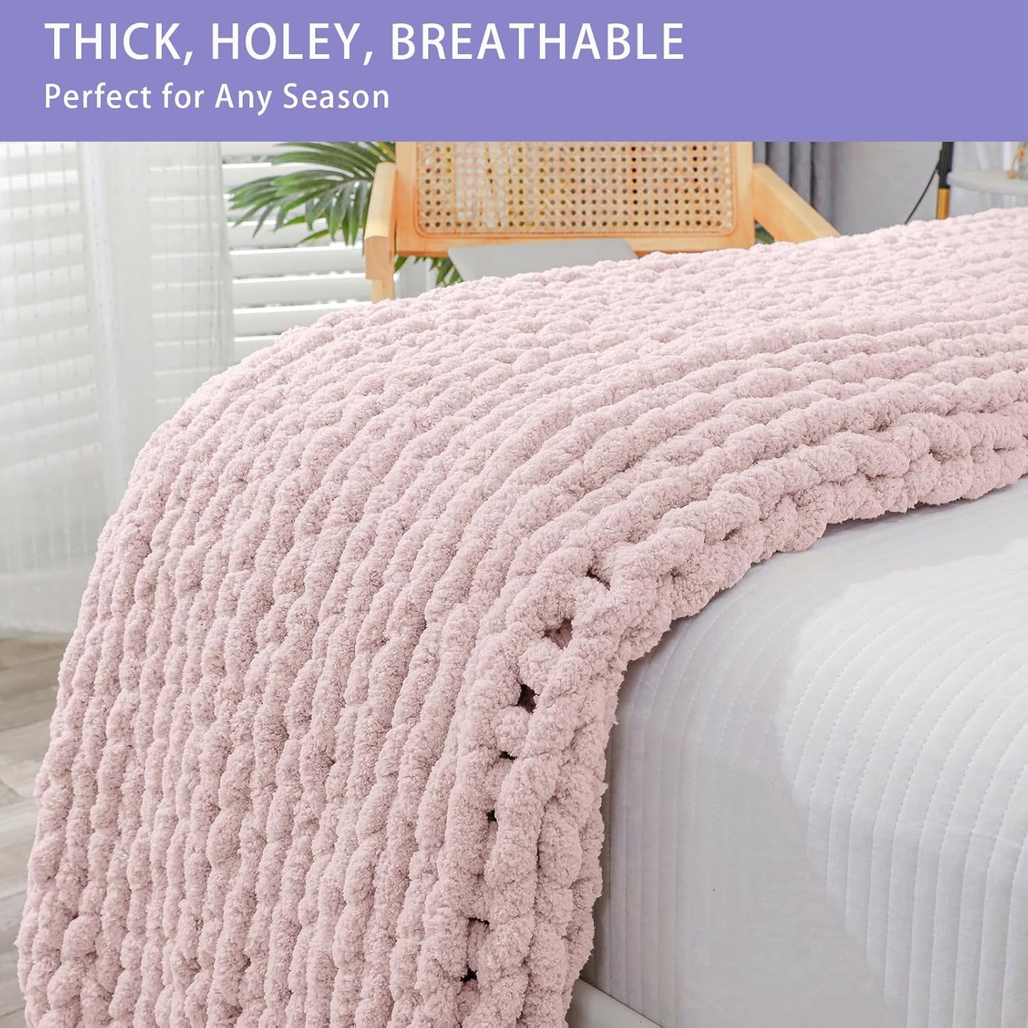 Bigacogo Chunky Knit Throw Blanket for Couch, 40x40 inches, 100% Hand Knitted with Thick Jumbo Chenille Yarn, Cozy Soft Large Rope Knot Cable Crochet Blankets for Sofa Bed Living Room, Rose Tan