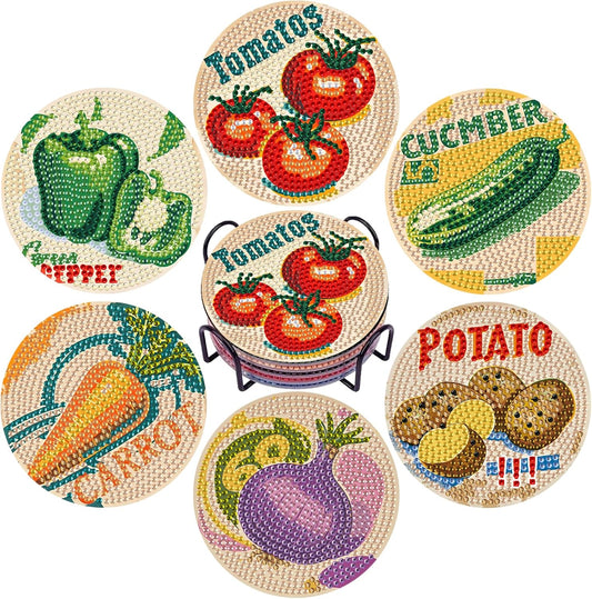 DOTSOPS 6Pack Diamond Painting Coaster with Holder 5D Diamond Art Kits for Adults Round Full Drill Beginners Gem Dots Craft Arts Supplies Party Home Decor Vegetable