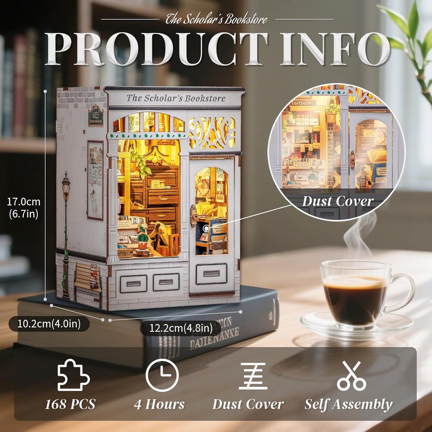 Cutefun Book Nook Kit - DIY Miniature Dollhouse Kit 3D Creative Decorative Bookend 3D Wooden Puzzle for Adults, Bookshelf Insert Library Decor with LED Light (The Scholar's Bookstore)