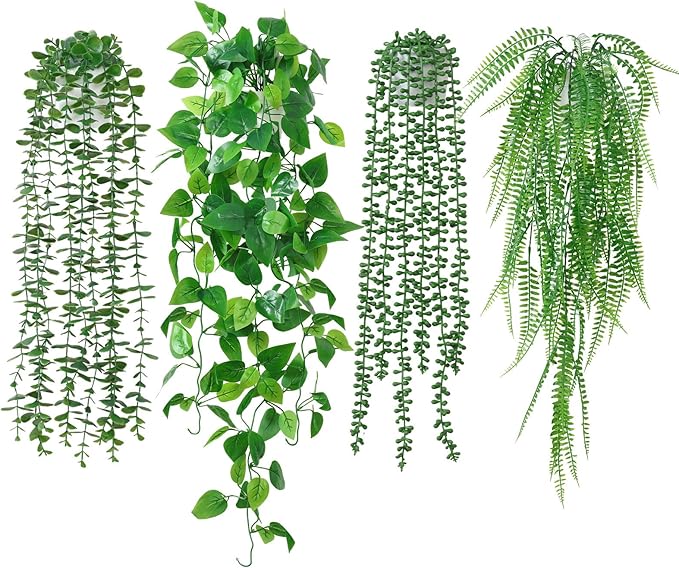 Dremisland Fake Hanging Plants with Pots 2Pack Faux Hanging Basket Plant Macrame Plant Hanger with Fake Vines Faux Hanging Planter for Wall Ceiling Home Bedroom Indoor Decor (Mix Plant-4PCS)