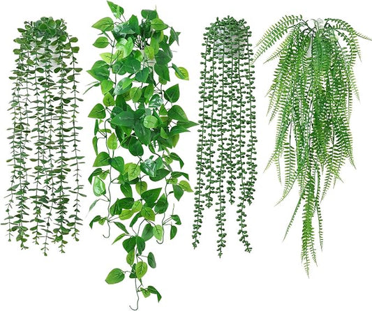 Dremisland Fake Hanging Plants with Pots 2Pack Faux Hanging Basket Plant Macrame Plant Hanger with Fake Vines Faux Hanging Planter for Wall Ceiling Home Bedroom Indoor Decor (Mix Plant-4PCS)