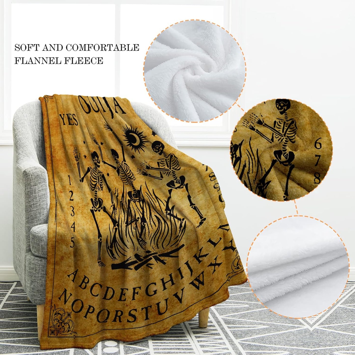 Jekeno Ouija Board Blanket Skeleton Skull Print Gifts for Men Kids Boys Home Bedroom Living Room Decor Soft Cozy Lightweight Throw Blankets Vintage Retro Yellow 60"x80"