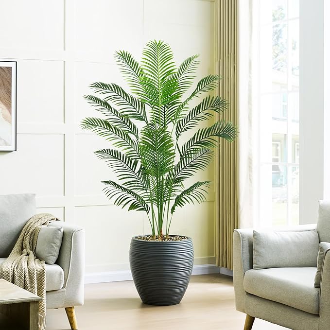 2PCS Artificial Palm Tree 7FT Artificia Plants Indoor Fake Trees Tropical Fake Plam Tree Floor Plant in Black Pot with 18 Trunks & Real Bark Design Faux Palm Plant for Outdoor Home Room Decor